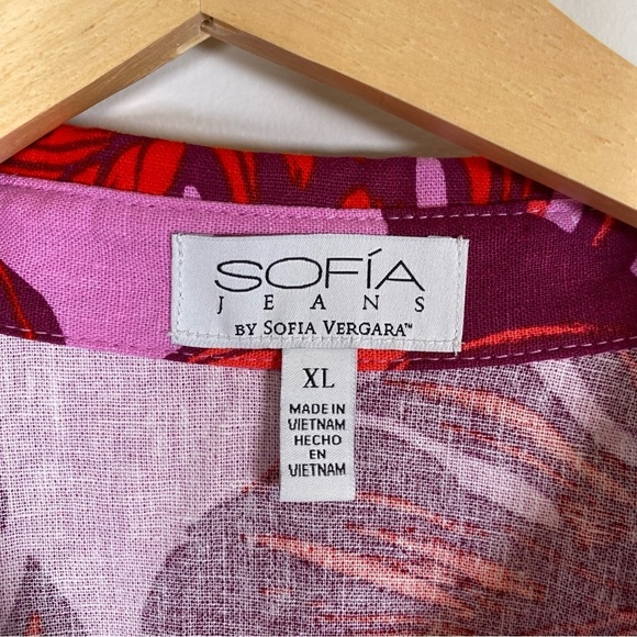 Sofia Vergara Tropical Palm Print Linen Button Down Tie Front Blouse Top‎ XL NWT - Picture 4 of 7